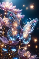 close up, crystal butterfly, on flower, lots of fairy lights, intricate details, texture, depth, vitality, movement, dynamics, energy, vitality, glowing lighting, soft lighting, fantastic, epic scene, super detailed, 8K., Miki Asai Macro photography, close-up, hyper detailed, trending on artstation, sharp focus, studio photo, intricate details, highly detailed, by greg rutkowski, AuroraStyle, style-hamunaptra, OverallDetail, oil pastel, transparent, translucent,glitter, shiny