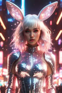 (masterpiece), best quality, expressive eyes, perfect face, glowing eyes, white hair, bangs, ponytail, bunny_suit, hair ornaments, latex bodysuit, breast armor, Volumetric Lighting, glitter, blush stickers, glitter, High detailed, SAM YANG, glitter, shiny, cyberpunk,Girl