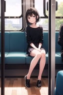 (masterpiece),  train interior,  1girl,  medium hair,  sitting,  smile,  petite
