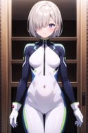 (masterpiece),  1girl,  covered navel,  looking at viewer,  bodysuit,  skin tight,  hair over one eye,  bangs,  blush,  small breasts,  closed mouth,  short hair,  cowboy shot,  eyes visible through hair,  standing,  gloves,  long sleeves