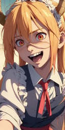 Crazy face, crazy laugh, crazy eyes, strong shadows, detailed face,tohru, blonde hair, horns, Maid dress, 1girl, solo_female