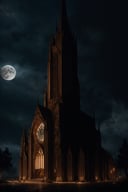 (Very detailed 8K wallpaper), A masterfully detailed church at night, moonlight shining in,  gloomy atmosphere, The artwork is rendered in a highly detailed and dramatic steampunk fantasy style, featuring retro-futuristic wall ornaments.
