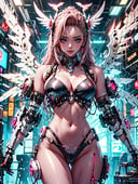 Craft A ((Cyberpunk)) And (Steampunk) Masterpiece Where A Girl, Resembling An Angelic Appearance, Navigates A World Veiled In Smoke. Infuse The Canvas With A ((Dreamlike)) Quality, Using ((Masterful)) Strokes To Depict The Intricate Fusion Of Wings, Futuristic Elements, And Victorian Aesthetics, Bikini Mecha, Red And Black, Bikini Mecha, Fire Angel Mecha, Cyberpunk, 