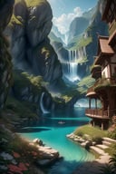 toned, dreamlikeart, a big Persian Villa surrounded by water and nature, village, close view, volumetric lighting, photorealistic, insanely detailed and intricate, Fantasy, epic cinematic shot, trending on ArtStation, mountains, magical, mystical, matte painting, bright sunny day, flowers, massive cliffs, Sweeper3D, UHD, HDR, 16K,, 