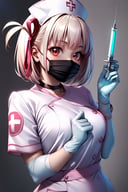 1girl, solo, nishikigi chisato, bob cut, hair ribbon, <lora:lycorisrecoil_nishikigi_xl:1>, holding syringe, black choker, mouth mask, surgical mask, gloves, (nurse:1.1), nurse cap,
