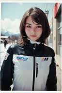 analog photo, a cute girl, bihari, 20 years old, light brown hair, petite, small tits, ski suit, zoom layer cyberpunk city, vintage, faded film, film grain, polaroid, (white frame:0.9), raw photo masterpiece,  best quality,  photorealistic,  high resolution,  8K raw photo),  high_res