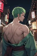 kimono, from behind, off shoulder, shoulder blades, <lora:OffShoulderKimono:1>, outdoors, night, roronoa zoro, muscular male, scar, scar across eye, japanese clothes, green kimono, green hair, <lora:Char_OnePeace_Zoro:1>