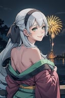 1girl, <lora:OffShoulderKimono:1>, kimono, from behind, off shoulder, shoulder blades, outdoors, night, fire works, seductive smile, elie macdowell, green eyes, hairband, <lora:Char_OC_ElieMacDowell:0.9>, looking at viewer, 