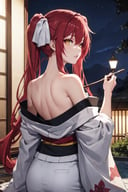 kimono, from behind, off shoulder, shoulder blades, <lora:OffShoulderKimono:1>, outdoors, night, looking at viewer, parted lips, looking at viewer, red hair, twintails, very long hair, yellow eyes,