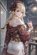 WatameNewYears, twin braids, hair flower, red kimono, bow, floral print, sash, fur scarf, hat, <lora:CHAR-WatameV5:1>, kimono, from behind, off shoulder, shoulder blades, <lora:OffShoulderKimono:1>, outdoors, fire work, night, looking at viewer, seductive smile, smoothie, holding drink,