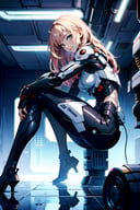 cyborg, futuristic interior, from behind, leaning forward, head tilt, looking at viewer, subtle smile, hands on own knees, standing, 1girl, sitting, stool