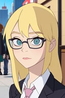 a woman with a suit and long blonde hair in the street, city skiline in the backgound, looking to the camera, in the spec style, portrait, close up, 3/4,spec style, closed mouth, gwen stacy, glasses, tie,