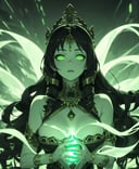 Hindu goddess, (green theme), ((glowing)), 1girl, solo, looking at viewer, upper body,<lora:Green-Nostalgia:1>, drill hair, willowy body, oversized breasts, old-world European street with cobblestones, (masterpiece, best quality, detailed:1.3), alluring, (vignette:1.3)