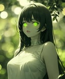 Spanish goddess, (green theme), ((glowing)), 1girl, solo, looking at viewer, upper body,<lora:Green-Nostalgia:1>, bangs, lanky body, flat chest, whimsical treehouse nestled in the treetops, (masterpiece, best quality, detailed:1.3), attractive, (bokeh:1.3)