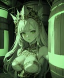 Baltic goddess, (green theme), ((glowing)), 1girl, solo, looking at viewer, upper body,<lora:Green-Nostalgia:1>, blowout hair, sculpted body, oversized breasts, rustic brewery with barrels and stainless tanks, (masterpiece, best quality, detailed:1.3), enchanting, (ornate details:1.3)