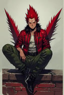 traditional media, 1boy, male focus, red hair, red eyes, sitting, jacket, fur trim, spiked hair, solo, <lora:dorohedoro-10:1>, (masterpiece, best quality, detailed:1.3)