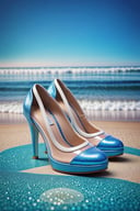 A pair of high heels,without humans,(Top resolution:1.5), (Top image quality:1.5), Close-up of a pair of shoes on a shiny surface, slightly holographic, fairy tale style background, made in adobe illustrator, Magical items, holograph, illustration!, (Blue and white high heels:1.5), (Transparent heels:1.5), (The background is the seaside:1.5),It has a small amount of gold motifs
