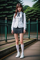 anime,one girl,brunette color hair,super model,y2k aesthetic, BALENCIAGA,Fashion brand,slender figures,Pointy toe boots full of technology,(White school uniform),(At the school gate)
