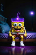 spongebob sitting in his bed in a dark room lighted up by purple led lights holding a white cup with purple glowing juice while wearing a purple hoodie and jordan 1s
