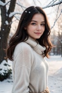(best quality, 4k, 8k, highres, masterpiece:1.2), ultra-detailed, (realistic, photorealistic, photo-realistic:1.37), portrait, beautiful and smiling caucasian woman, cinematic, winter clothes, Ondas e Nuances, detailed symmetric hazel eyes, circular iris, vivid colors, winter scenery, soft snowflakes falling, icy breath, rosy cheeks, pure white background, subtle warm lighting, innocence and radiance, sparkling eyes, joyful expression, luxurious fur trim on the clothing, frosty winter air, subtle wind blowing through her hair, subtle hint of pink in her lips, elegant posture, confident stance, delicate snowflakes decorating her hair, long flowing blonde hair, wonder and serenity in her gaze, captivating beauty, snow-covered trees in the background, peaceful and enchanting winter scene.
