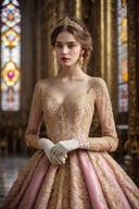 masterpiece, best_quality, indoor (cathedral style), 1girl, solo,  golden baroque style,  intricate,  complicated lace dress, long_dress, gloves, blush, silver, perfect_face,  soft light,  medium shot, magenta and gold color,  more,<lora:EMS-272085-EMS:0.400000>