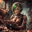 <lora:RottenTech-30:0.8>,rottentech , scifi,biohazard, filthy, dry, scholar , scroll, 1girl,short hair, green hair, glowing eyes, smile ,closed mouth, multicolored hair, holding a tablet