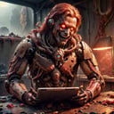 <lora:RottenTech-30:0.8>,rottentech , scifi,biohazard, filthy, dry, scholar , scroll, 1boy,long hair, red hair, glowing eyes, smile,shaved beard, ,closed mouth, holding a tablet