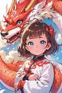 1girl, solo, looking at viewer, short hair, bangs, blue eyes, brown hair, hair ornament, long sleeves, closed mouth, upper body, blunt bangs, child, dragon, female child, eastern dragon