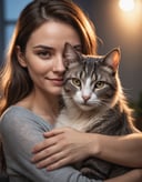 artwork closeup of woman, hugging a cat, high quality photography, 3 point lighting, flash with softbox, 4k, Canon EOS R3, hdr, smooth, sharp focus, high resolution, award winning photo, 80mm, f2.8, bokeh