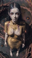 golden eye, 20 year old woman, realistic, detailed skin, Italian girl, gold goth, natural flower background, the fruit of death, (Highest picture quality), (Master's work), (ultra-detailed), the portrait is centered, 1girl, raiden shogun, nsfw, (wet clothes), blush, bare hips, (sheer shirt), (from above:1.7), (translucent dress), water drop, (rain), (outdoors), stained, wet hair, wet dress, wet, scenery, (long hair), nature background, close up, ((on back)), water, lying in water, masterpiece, best quality, ultra high res, highly detailed, (abstract expressionism art:1.4), [girl | fire ghost:10], love, sparking fire red eyes, dark rainbow theme, colorful, visually stunning, beautiful, gorgeous, emotional, intricate, perfect shading, rainbow hair, close up, red bloody veins growing and intertwining out of the darkness, oozing thick red blood, veins growing and pumping blood, vascular networks growing, connecting, expanding, red veins everywhere, zdzislaw beksinski, a mind flayer, (Muted colors:1.1), (Repetition:1.1), (Infrared:1.2), Rust, Sphere, ultra detailed, intricate, oil on canvas, ((dry brush, ultra sharp)), (surrealism:1.1), (disturbing:1.1), beksinski style painting, sparks, lens flare, rim lighting, backlighting, Bracelet, RTX, Post Processing, satanic cross