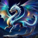 echmrdrgn western dragon, it's full body is iridescent splendour, semi-transparent and glowing opalescence, razor sharp talons and teeth, glorious wings, long whiskers, powerful long tail, high over a village background, full body, at night, starry sky, moonlight reflections,