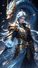 1boy,Emperor, long blue hair, blue armor, luminous magic, luminous golden dragon, starry sky, meteor,