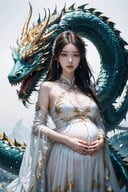 (masterpiece, top quality, best quality, official art, beautiful and aesthetic:1.2),1 pregnant woman with white dress,white auspicious dragon,wear white dress,looking at viewer,white background,realistic,dragonyear,depth of field