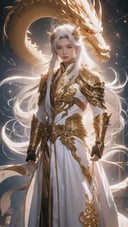 1boy,Emperor, long white hair, white armor, luminous magic, luminous golden dragon, starry sky, meteor,