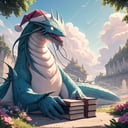 masterpiece, (detailed, highres, best quality), <lora:spleviathan-10:1> leviathandef, no humans, glowing eyes, santa hat, santa costume, no hands, no legs, blue sky, book, cloud, cloudy sky, dappled sunlight, day, fence, flower, outdoors, pink flower, sky, sunlight, traffic mirror, tree