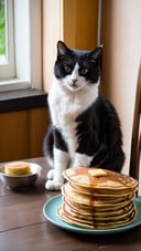 A cat sits on a wooden chair and looks at a stack of blini pancakes with disgust