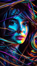 Abstract style mysterious figure emerges from the shadows in a tangled mess of iridescent wires and glowing mesh, color splash 1girl, extreme close-up, face hidden behind layers of glitched wavy distortions, Non-representational, colors and shapes, expression of feelings, imaginative, highly detailed