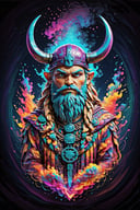 Logo business neon colors, cartoon style illustration of a viking as she sees the world while experiencing hallucinations, stoned, splash art, splashed neon colors, (iridiscent glowy smoke) ((motion effects)), best quality, wallpaper art, UHD, centered image, MSchiffer art, ((flat colors)), (cel-shading style) very bold neon colors, ((high saturation)) ink lines, psychedelic environment

