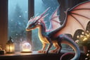 Tiny dragon familiar,  full body,  1girl,  light particles,  window,  beautiful,  ((best quality)),  ((masterpiece)),  PetDragon2024xl,<lora:EMS-278005-EMS:0.800000>