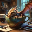 Masterpiece,  cute style,  "realistic tiny dragon" curled up sleeping inside a coffee mug,  high angle  seen from above,  cozy,  real sleeping tiny dragon in a mug on desk with art supplies,  sleepy eyes,  cute wings,  illumination background,  reflections,  sparkling,  Dutch angle shot,  todd lockwood,  joel rea and mark ryden,  slawomir maniak and greg tocchini,  concept art,  rockwell and lou xaz,  heartwarming,  cozy atmosphere,  by chris riddell,  Android Jones,  Jean Baptiste monge,  Alberto Seveso,  Erin Hanson,  Jeremy Mann. maximalist highly detailed and intricate professional_photography,  a masterpiece,  8k resolution concept art,  Artstation,  triadic colors,  Unreal Engine 5,  cgsociety, PetDragon2024xl, niji style, ghibli style,<lora:EMS-278005-EMS:0.700000>
