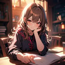 Vibrant Colors, Female, 16, Masterpiece, Sharp Focus, Best Quality, Depth of Field, Cinematic Lighting, ((Solo, One Female)), (Illustration, 8k CG, Extremely Detailed), Brown hair, sitting on a chair with books on the table, looking at the camera, 