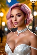 realistic, high quality, (masterpiece: 1.2),a brazilian woman, extremely read, absurd, (1 woman, solo), a beautiful woman, in white elegant dress,perfect dress,oil medium pink hair,  diamond choker on her neck, bare shoulders, half-length portrait, extremely design bright and shiny, (ink: 1.3), autumn lights, looking at the viewer, big breasts, , ,vertical 9.16,8k,4k