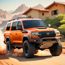 (orange pearl color 1984 Toyota Land Cruiser J70 inspired by  2023 Ford F-150 SVT Raptor),  on the road,  small buildings background,  wide shot, H effect, art_booster, detailmaster2,<lora:EMS-279657-EMS:0.800000>,<lora:EMS-275177-EMS:0.600000>,<lora:EMS-52717-EMS:0.800000>
