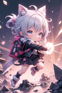 (masterpiece),  1girl,  chibi,  action pose,  light particles,  dynamic angle,  dust particles,  light rays,  explosive