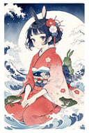 traditional,  ukiyo-e,  Chojugiga,  Rabbit girl,  frog,  hokusai,  masterpiece,  best quality,  aesthetic