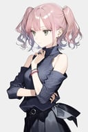 masterpiece, best quality, aesthetic,1girl, realistic, stream, bare shoulders, bracelet, detached sleeves, green eyes, jewelry, pink hair, dark background, short hair, skirt, solo, turtleneck, twintails