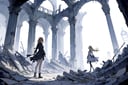 2girls, ruins, masterpiece,  best quality, aesthetic