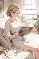 mature female reading a newspaper,  masterpiece,  best quality,  aesthetic