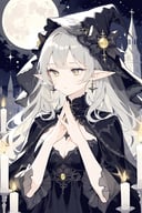 1girl, gray hair,black witch clothes, earrings, pointy ears, elf, veil, cleavage , moon, own hands together, night, seraphic Candles, upper body, looking away, masterpiece,  best quality,  aesthetic