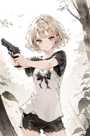 1girl,  holding handgun,  skinny,  shirt,  short sleeves,  outdoors,  aiming at viewer,  masterpiece,  best quality,  aesthetic